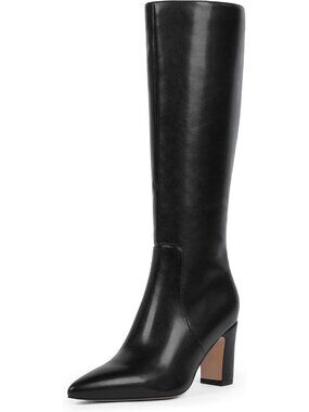Women's Black Chunky Heel Inch 3 Pointed Toe Side Zipper Knee High Boots